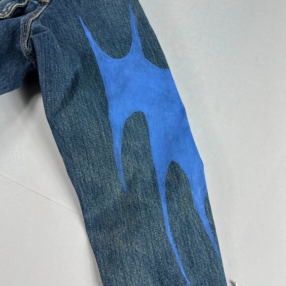 Y2K Levi's Jean Jacket Medium Blue Faded Trucker DIY Blue Tribal Sleeve Denim - Picture 9 of 16